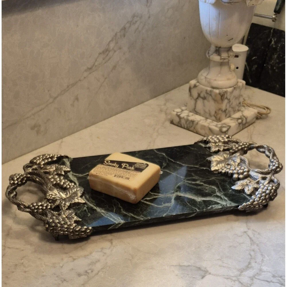 Vintage Godinger Green Marble Serving Tray ornate silver-plated Grape Cluters